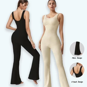 Women's Elegant U-Neck Flare One Piece Yoga Jumpsuit Wide Shoulder Straps with Beautiful Back Threaded Sports Bodysuit