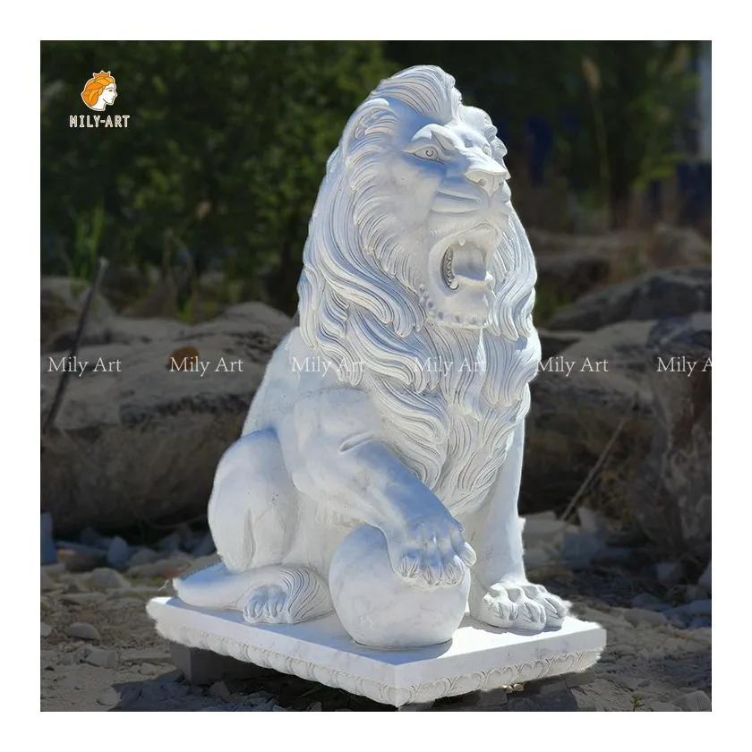 Life Size Decoration High Quality Stone Sculpture White Sitting Marble Lion Statue for Garden