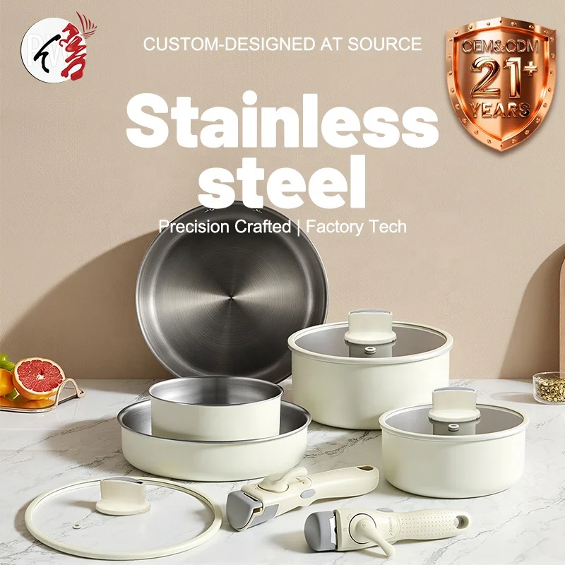 Nonstick Cookware Detachable/Removable Handle 10pcs Kitchen Induction Stainless Steel Pots and Pans Set