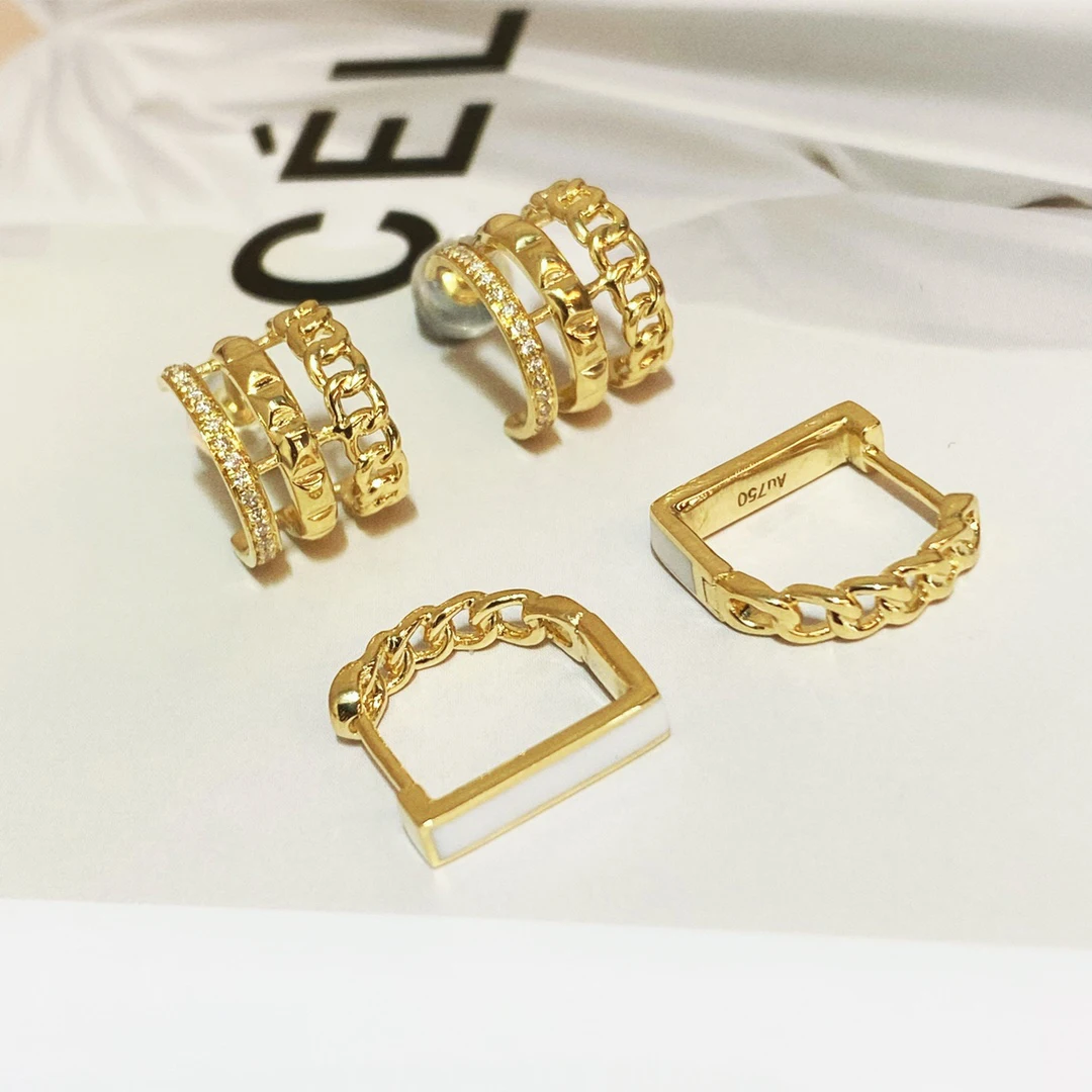 18K Solid Yellow Gold Minimalist Three Layers Semi Hoop Stud Earrings Unique Daily Wear for Women Classic Wedding Jewelry Gift