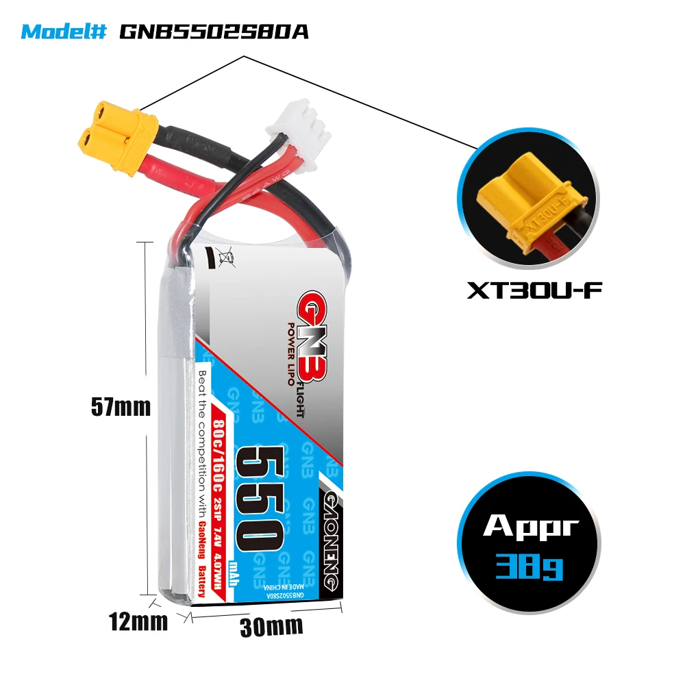 Gaoneng Gnb 2s 550mah 7.4v 80c 160c Xt30 Lipo Battery Pack Mini Fpv ...