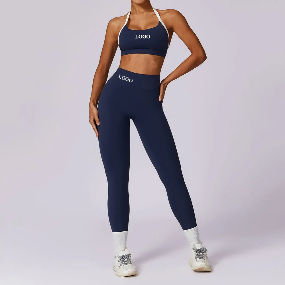 Custom Contrast Color Backless Sexy Sports Bra Halter Tops Seamless High Waist Yoga Pants Leggings Women Gym Fitness 2pcs Sets
