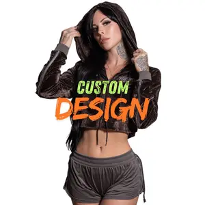 Women's Distressed Acid Wash Cropped Set - Custom Cotton Zip-Up Hoodie & Jogger Shorts for Streetwear