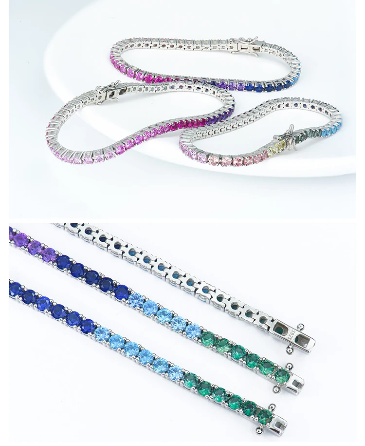 2024 新款女士高品质宝石首饰 925 纯银 3 毫米彩虹色刚玉网球彩虹手链