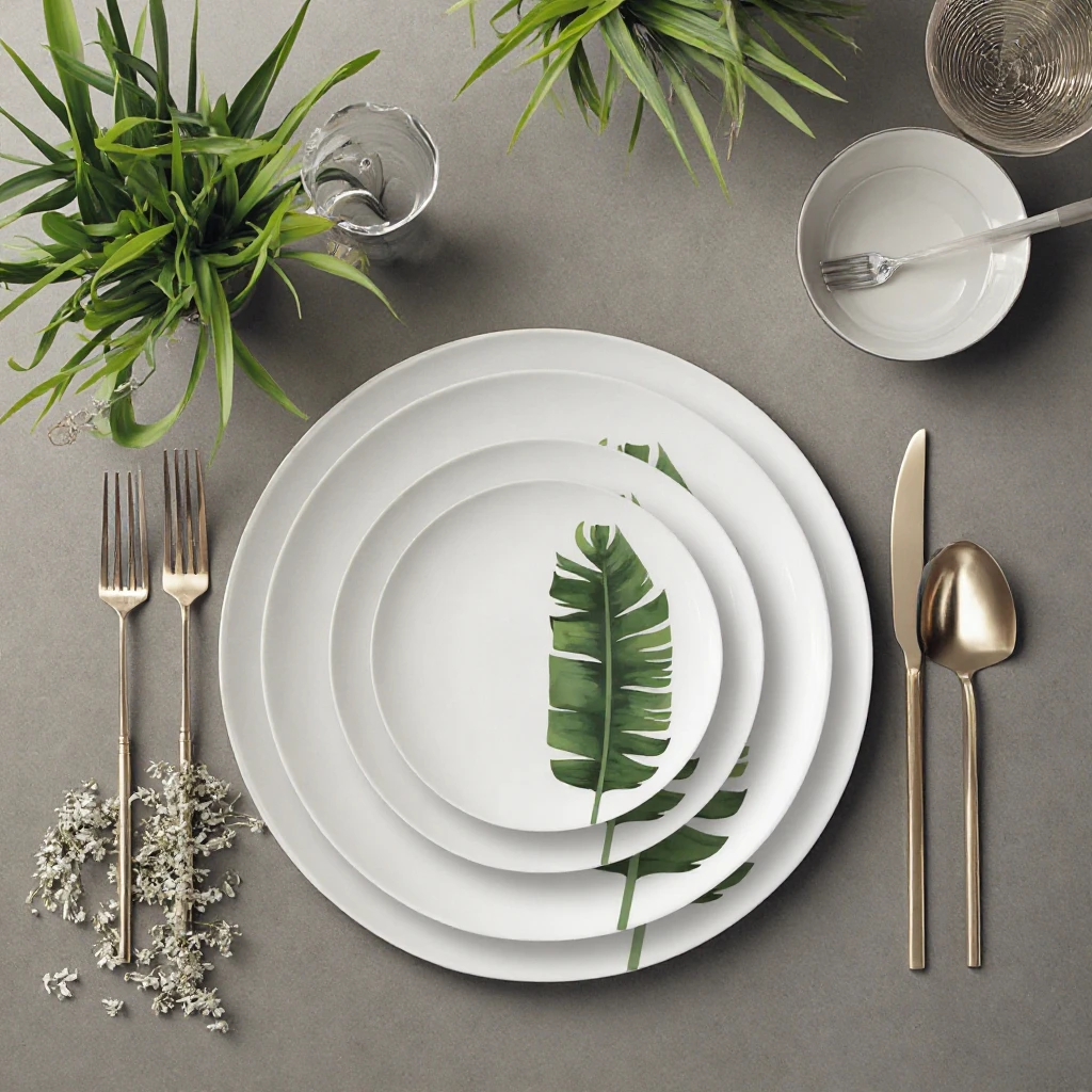 Creative Green Leaf Pattern Printed Ceramic Dinner Plates Eco-Friendly Bone China for Charger Plate for Home and Wedding Use