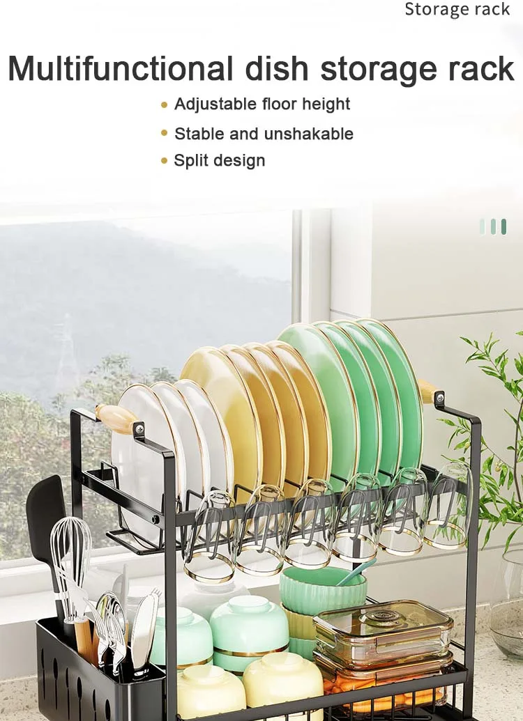 Hot sale wooden handle dish drying rack 2 tier kitchen storage rack kitchen dish drying rack under sink