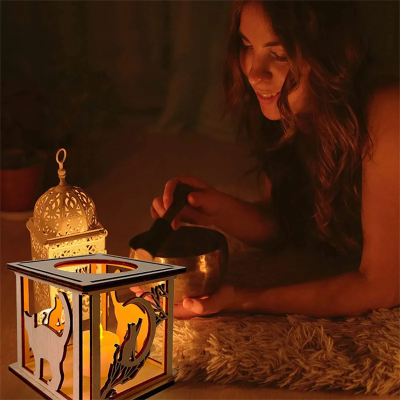 Handmade Wooden Block Candle Holder Decor Pattern Carving Wood Candle