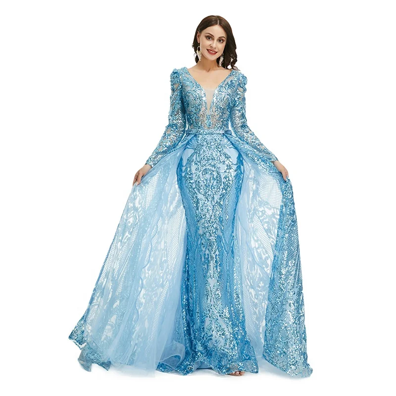 elegant blue dresses for women Zapakasa Women Light Blue Sparkly Beaded Mermaid Long Prom Dress Spaghetti  Straps Tulle Formal Dress main image 1