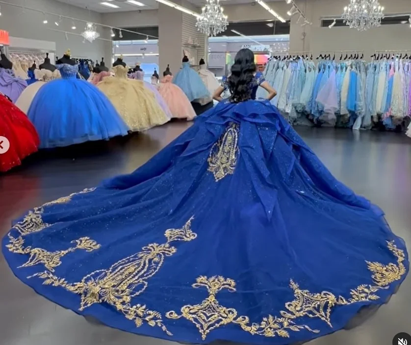 Mumuleo Luxury V Neck Off the Shoulder Gold and Royal Blue Quinceaera Dresses - Elegant Ball Gown for Special Celebrations Mumuleo Luxury V Neck Off the Shoulder Gold and Royal Blue Quinceaera Dresses - Elegant Ball Gown for Special Celebrations