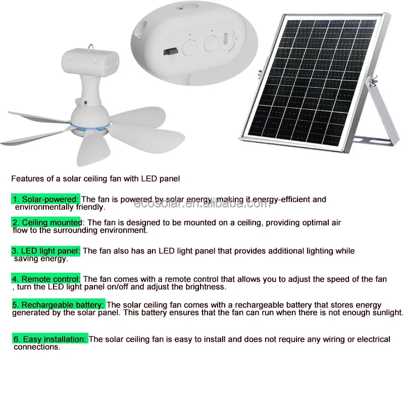 LED Lighting Solar Ceiling Fan with Rechargeable Battery 10000mah