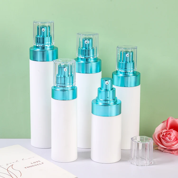 Round PP Skincare Airless Pump Spray Bottle for lotion with Blue Aluminum Pump Lid 30ml 50ml 80ml 100ml 120ml
