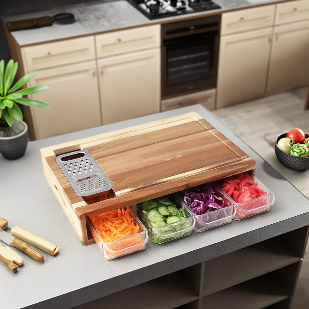 Custom Acacia Wood Cutting Board with 4 Storage Containers and Grater Durable Multifunctional Kitchen Chopping Board