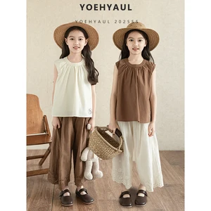 YOEHYAUL CD1382 100% Cotton Big Girl Toddler T Shirt Tshirt for Children Casual Sleeveless Teenager Clothes Tshirts