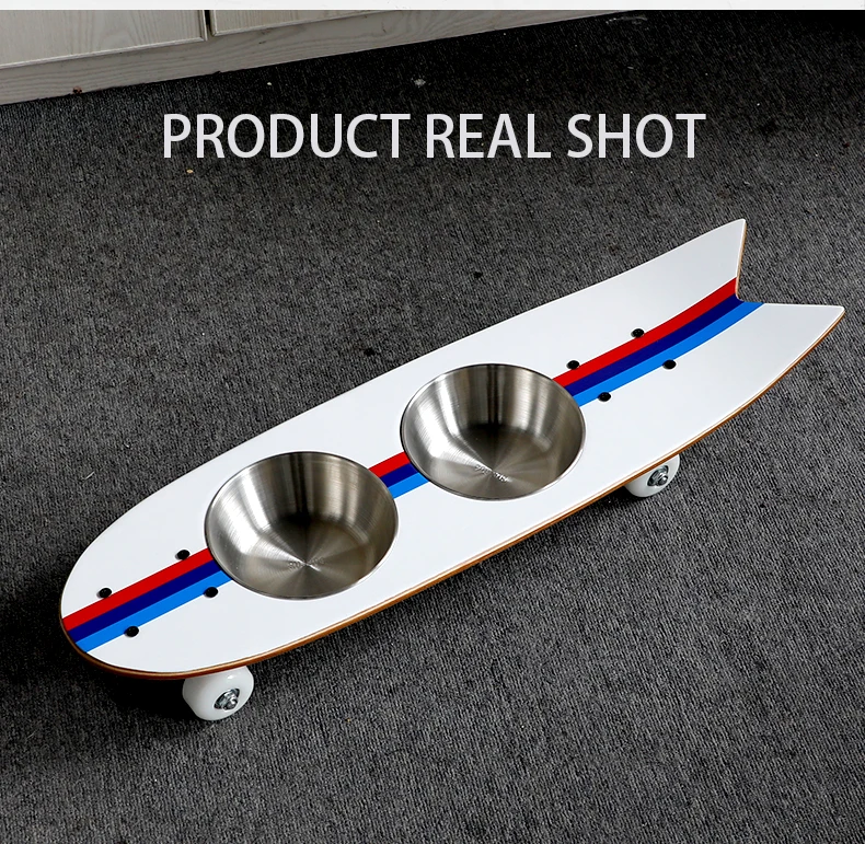 Pet Double Bowl Skateboard-shaped Bowl New Cat and Dog Feeder Stainless Steel Pet Bowl manufacture