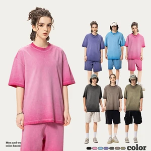 Wholesale Vintage Street Wear T-Shirts Batik Couples Design Short Sleeve 280g Heavyweight Cotton Acid Wash 100% Knitted Cotton