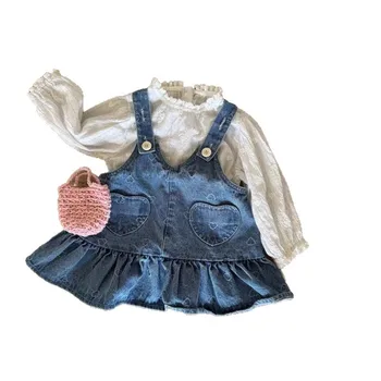 New Autumn Pocket Denim Dress Shirt for Girls Kids Korean-style Fashionable Dress