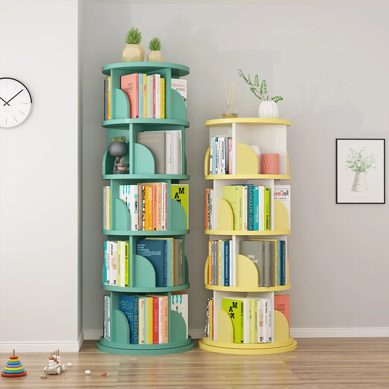 Pine and Walnut Wooden Solid Lacquered Montessori Round Rotatable Reading Nook Scandinavian Unique Diy logo Children Bookcase