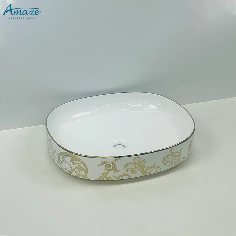 Good quality washroom wc sanitary ware white gold plating pattern ceramic lavabo counter top wash basin sink factory