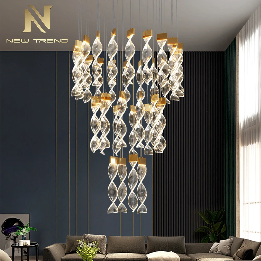 PD8008 Large Modern Acrylic Ring Chandelier High Ceiling Spiral LED Pendant for Villa Staircase