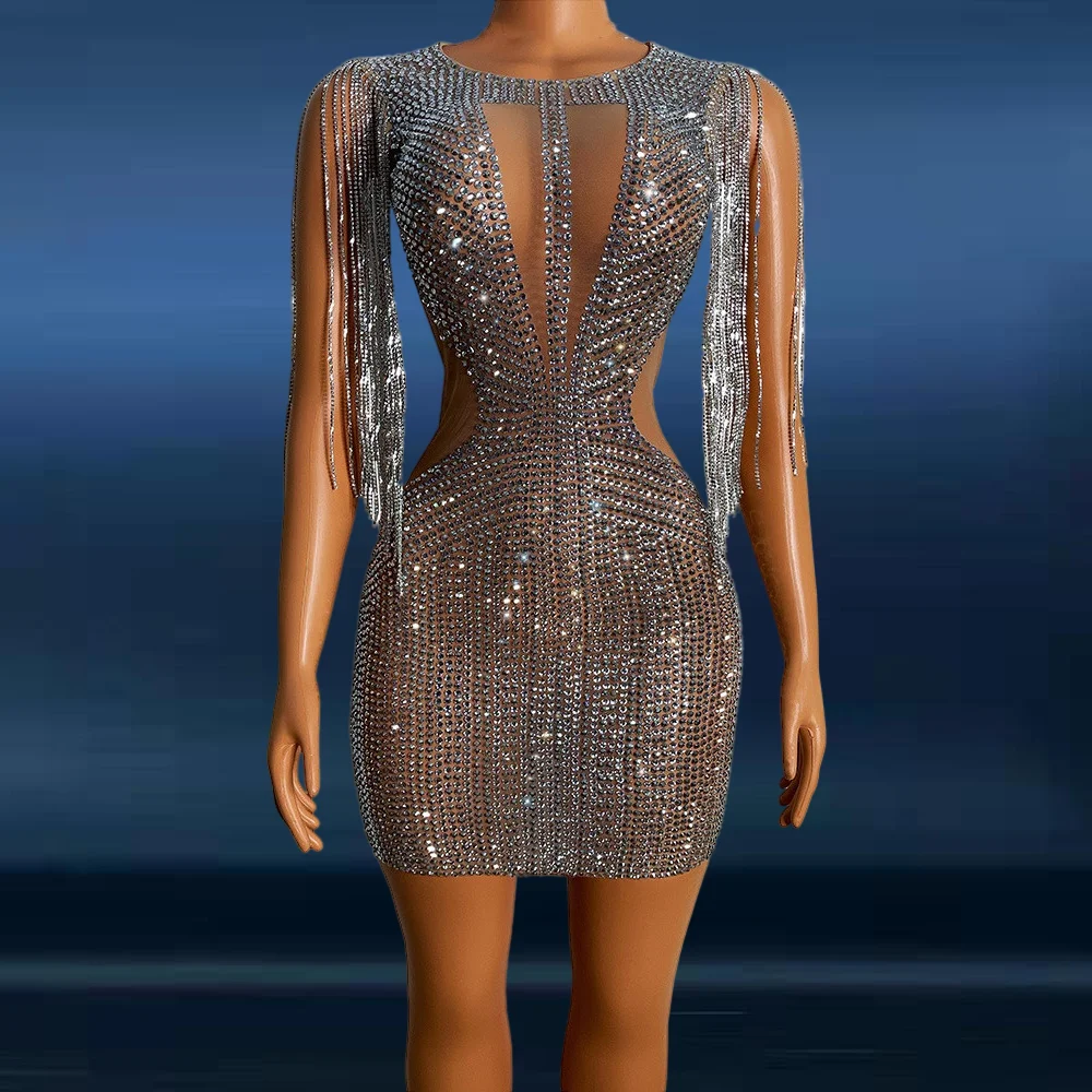 2020 Newest India Style Evening Dress Mdbay Luxury Designer Evening Party  Women Dress Silver Mesh Dress With Tassel Diamond