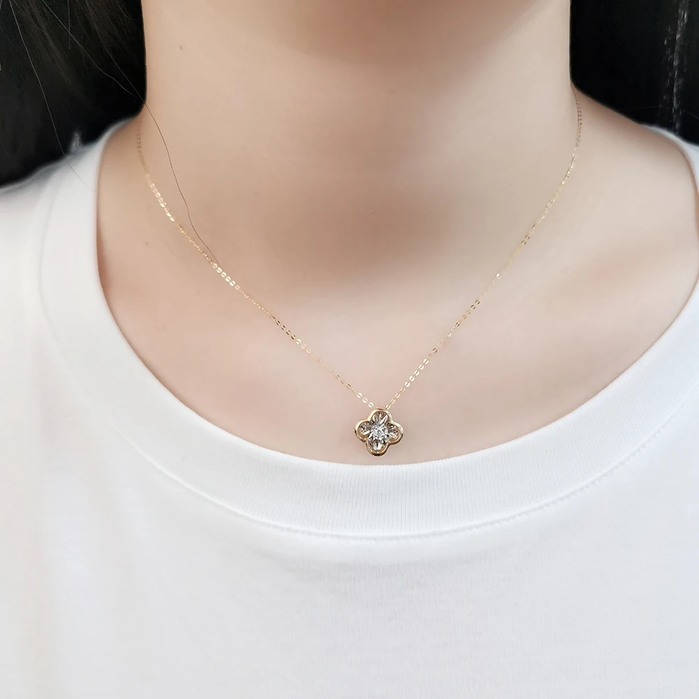 Newest Design 18K Genuine Gold Clover Necklace 18K Dancing Diamond Real Gold Necklace Wholesale Drop Shipping