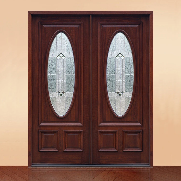 China Factory Prices Contemporary Exterior Simple Oval Glass Teak Solid Wood Front Entry Door Designs