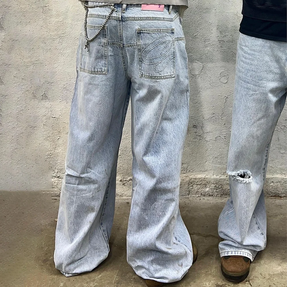 Salati Custom Hip Hop Plus Size Wash Vintage Loose Distressed Baggy Straight Leg Boot Cut Men's Flared Denim Pants gallery 2