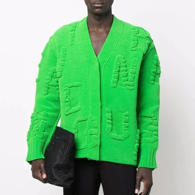 Men Sweater Custom Cardigan Sweater Green Knit Embossing Cardigan Sweater