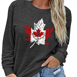Canada Day Women's Long Sleeve Shirts & Sweatshirts with Maple Leaf Design and Button-Up Collar