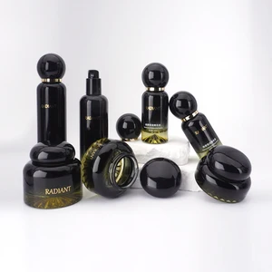 Cosmetic Packaging 30g 50g 100g 30ml 40ml 100ml 120ml Black Glass Pump Bottles Full Set Shiny Black Glass Bottle with Black Pump