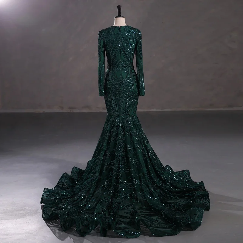 Bespoke Girls Sexy Slim Hip Boobs in Tight Emerald Green Prom Gown Ladies  Full Sleeve Mermaid Cocktail Evening Dress Real Photo