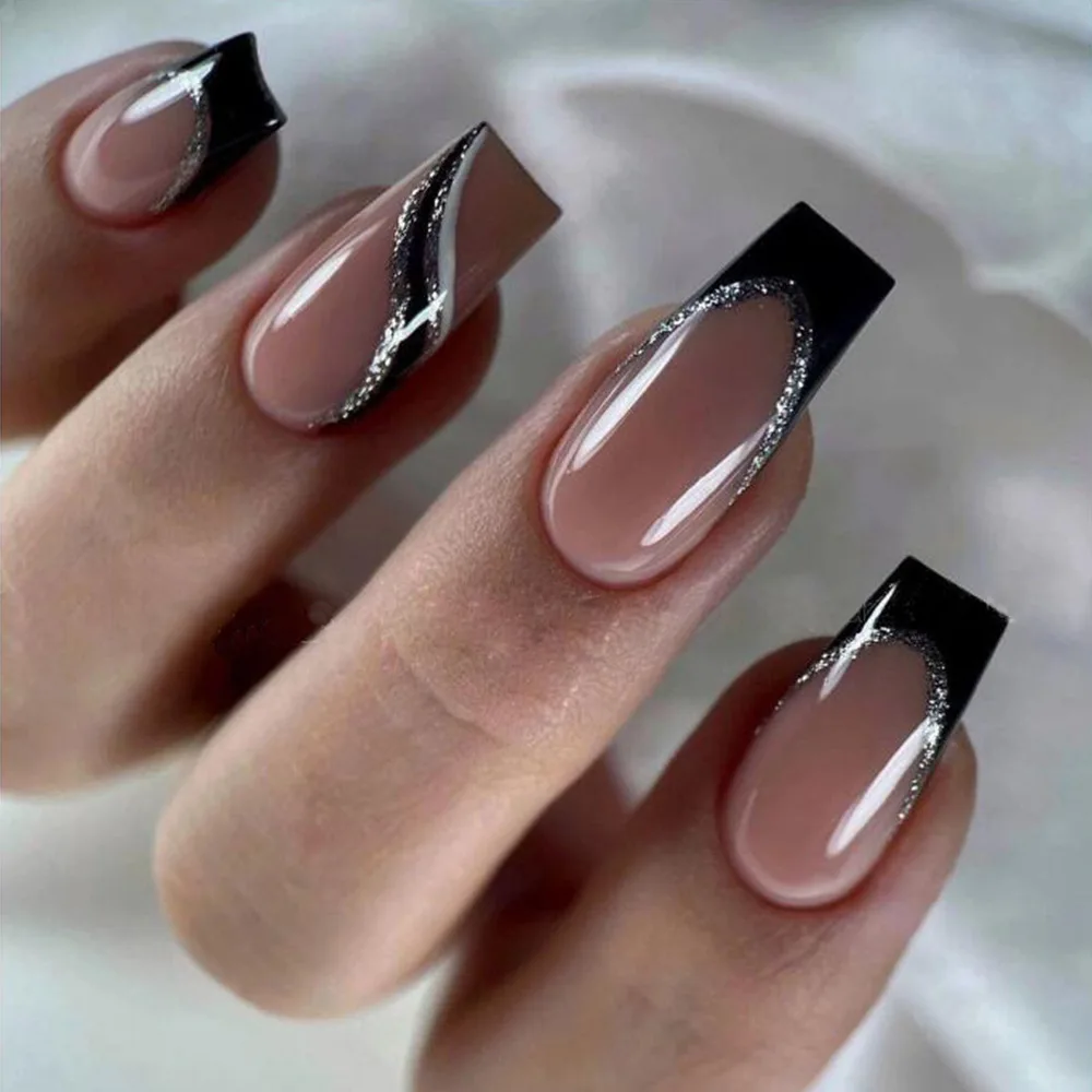 Wholesale Super Popular Artificial Nails 24 Pieces Stylish Black French Glitter Stripes Coffin Shape Nails