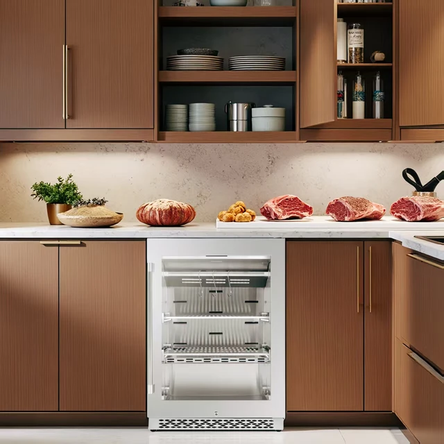 24-Inch Household Stainless Steel Meat Dry Ager for Beef TiO2 Photocatalysis Sterilized with No UV Radiation Compressor Feature