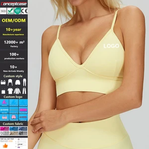 Custom Fabric Style Color Logo Quick-Drying Thin-Strap Deep V Sports Bra Sujetador Deportivo Women Gym Running Fitness Sport Top