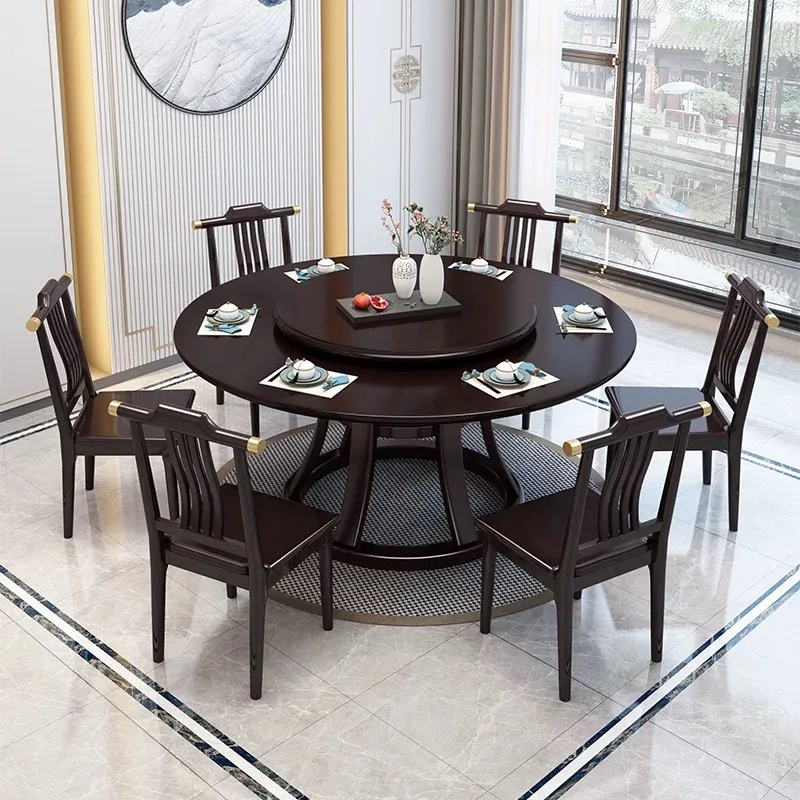 Classic Solid Wood Round Dining Table Set for with Turntable