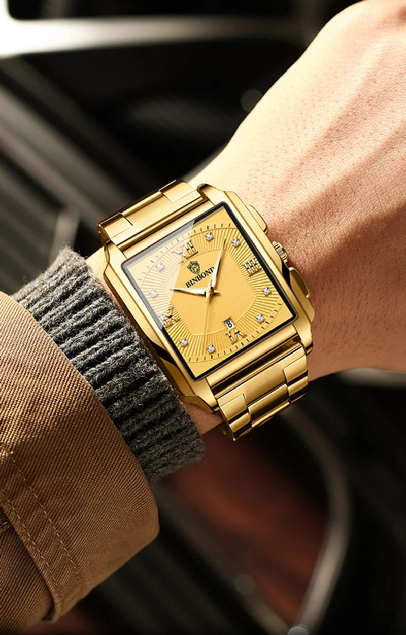 Binbond Gold Men's Quartz Watches Luxury Stainless Steel Waterproof ...