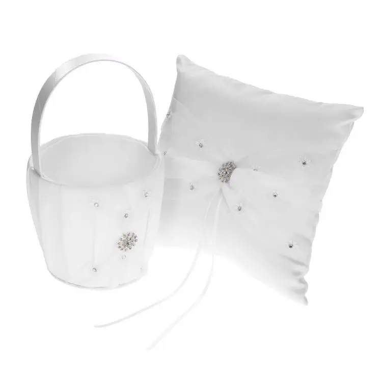 7 * 7 inches White Satin Rhinestone Decorated Ring Bearer Pillow and Wedding Flower Girl Basket Set