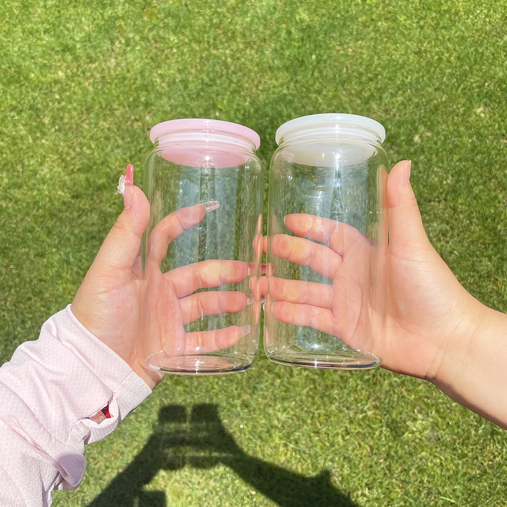 Clear Frosted Sublimation Blank Sublimation Glass Can 16oz Soda Beer Cups  Colored PP Lid Beer Glass With Plastic Straw