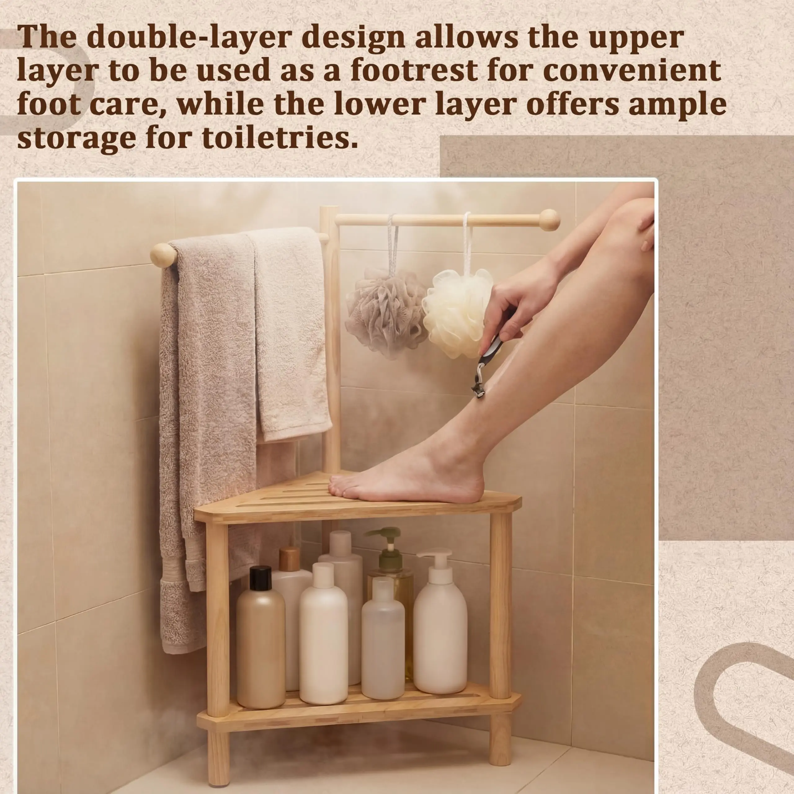 product 2 tier bamboo with towel bar shower bench with towel rack corner shower stool for bathroom storage organizer for shower-5
