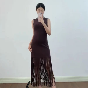 Bettergirl 2025 Autumn Fashion Best Selling French Sexy Long Dress High Neck Beaded Sleeveless Tassel Knitted Elegant Dress