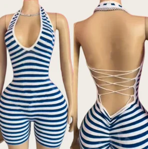 Viviblook Z606RP01 Summer Rompers for Women Summer Hot New Slim Fit Strap Hanging Neck Stripe Jumpsuit One Piece Rompers Bodycon
