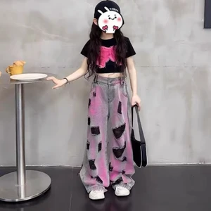 2026 New Arrival Children Clothes Set Summer Embroidered butterfly Short-sleeved T Shirt Trendy Ripped Jeans 2Pcs Girls Clothing