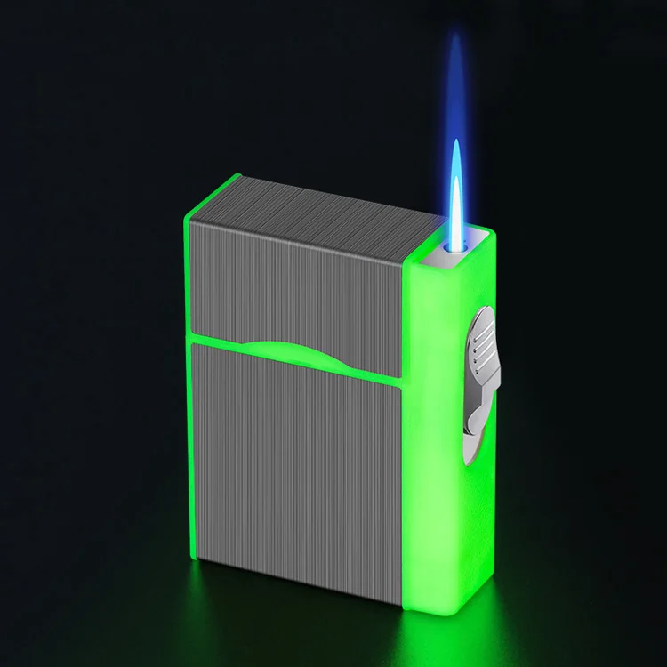 AIRO 2023 New Luminous Cigarette Case Gas Metal Blue Flame Cigarette Case With Lighter