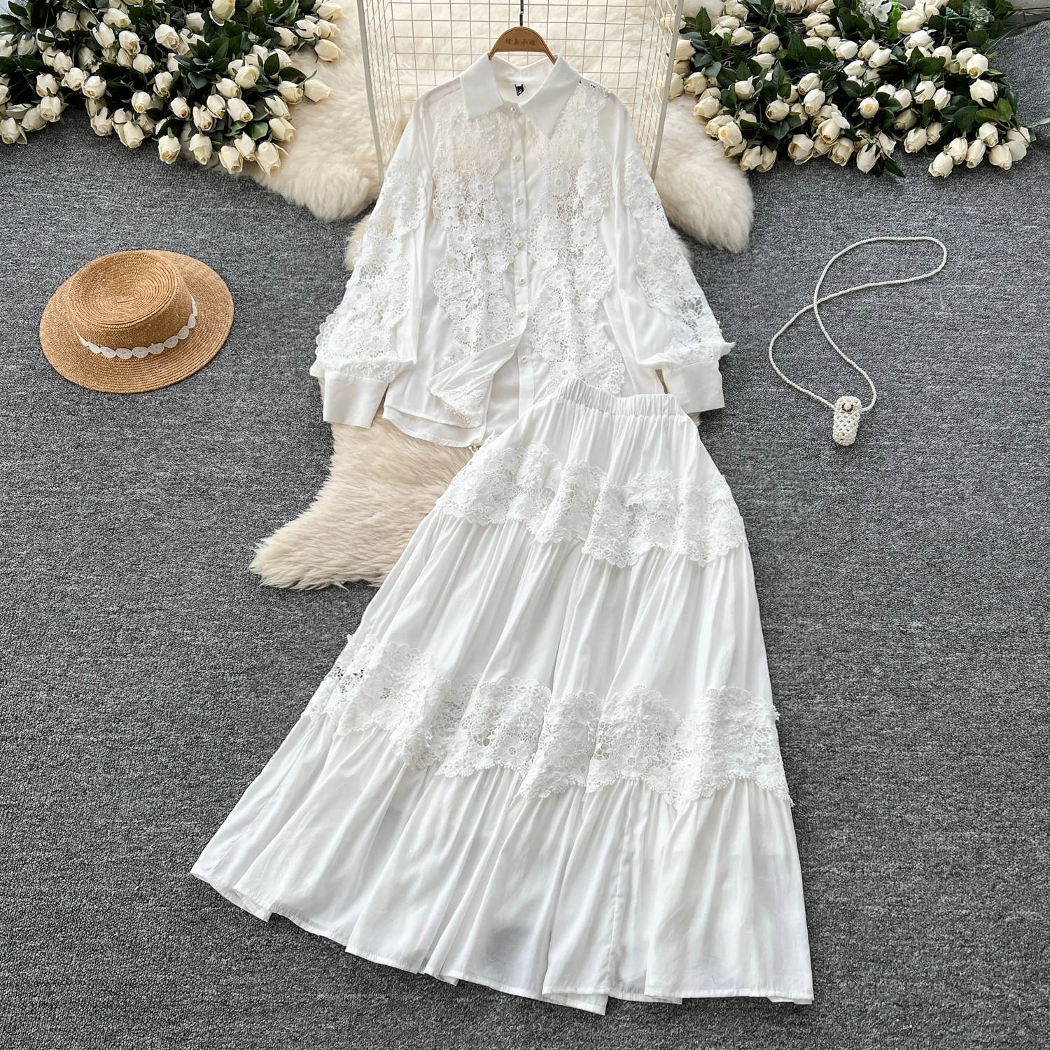 LW1131 Two Piece Ladies Set 2025 New Two-Piece Women'S Lace Embroidery  Long-Sleeved Shirt High-Waisted Skirt Two-Piece-Set