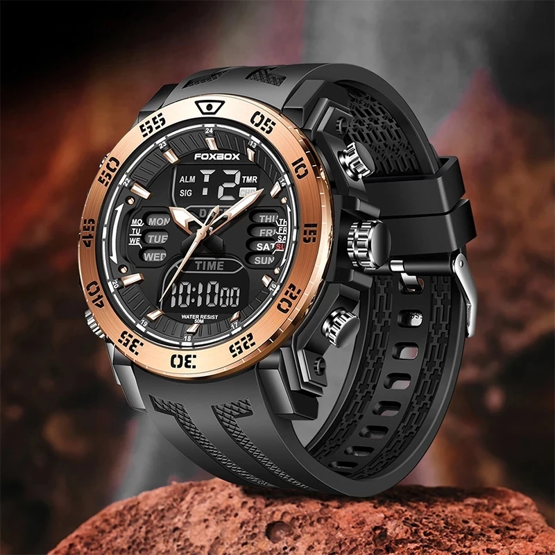 2022 LIGE Foxbox FB0021 Dual Display Sport Mens Watches Top Luxury Quartz Wristwatch for Men Waterproof Digital Clock