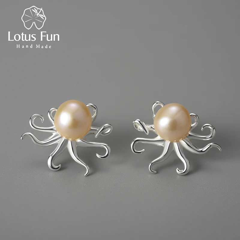 Lotus Fun Factory Price Pure 925 Sterling Silver 18k Gold Plated Octopus Ocean Elements Stud Earrings Fine Jewelry for Women