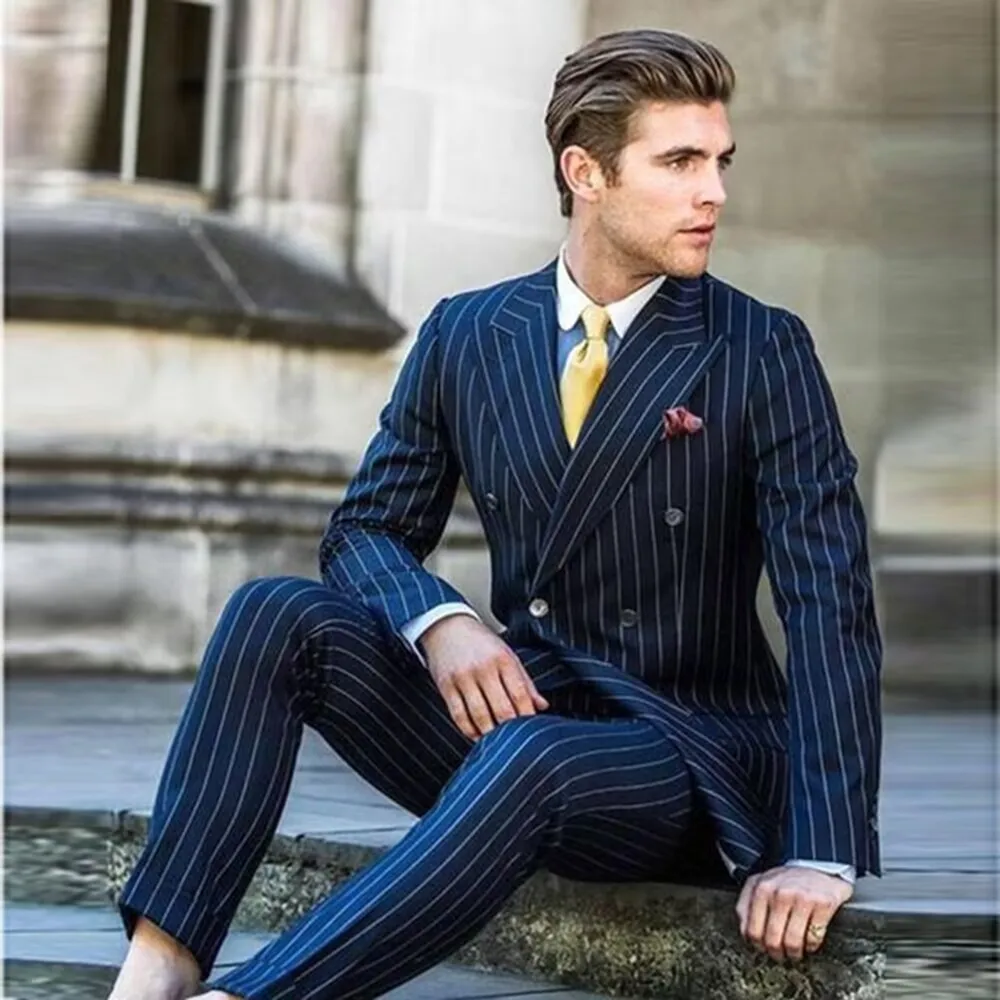 S2322R Navy Blue Striped Slim Fit Wedding Suit Hot Selling