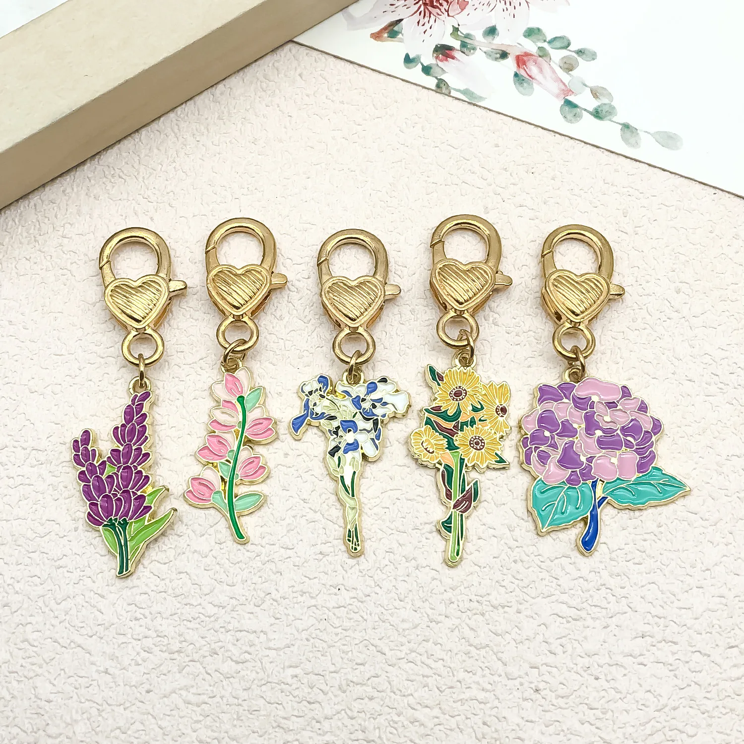 5pcs Per Set Enamel Flower Charms Bulk Spring Charm Keychain