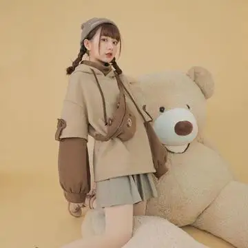 ORANDESIGNE Donna Orso Felpa con Cappuccio Harajuku Kawaii Anime Coreano Girocollo Manica Lunga Streetwear KPOP Ulzzang Autunno Inverno Vestiti Top A Cachi XS