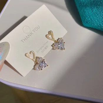 Newest S925 Needle CZ Double Heart Stud Earrings Bling Bling Crystal Rhinestone Heart Shape Diamond Earrings